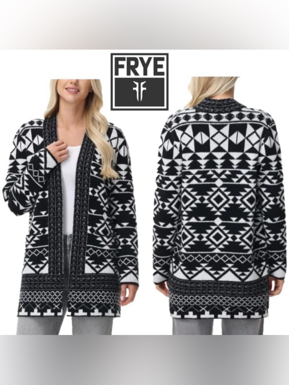 FRYE Black & White Patterned Open Front Cardigan